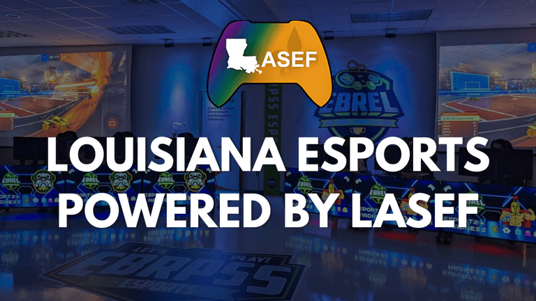 "LASEF logo promoting Louisiana esports, showcasing student participation and leadership in competitive gaming, powered by the Louisiana Scholastic Esports Federation."