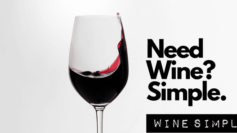 A wine glass with red wine splashing, accompanied by bold text saying "Need Wine? Simple. WINE SIMPLE." on a white background.
