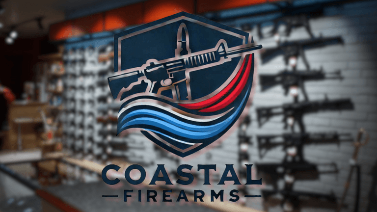 "Coastal Firearms logo and store interior showcasing firearms with a focus on educating and empowering responsible gun ownership."