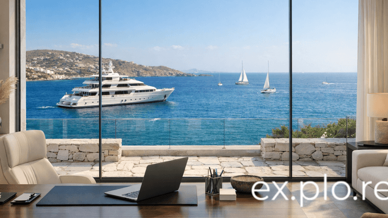 Luxury office overlooking the sea with a superyacht, sailboats, and panoramic coastal views through floor-to-ceiling windows.