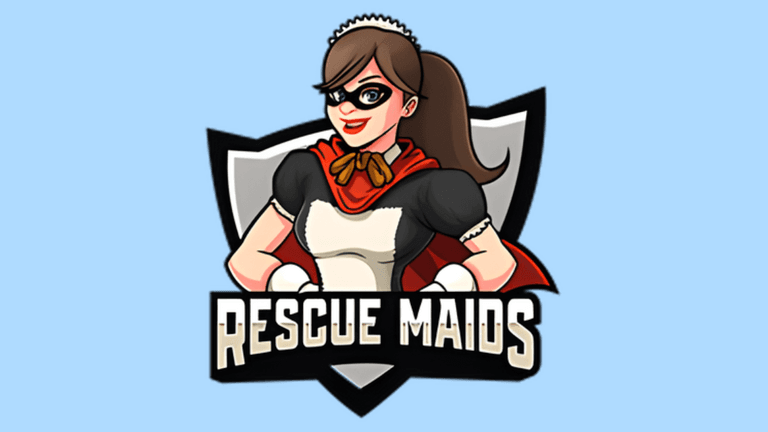 The image alt text could be: "Rescue Maids logo featuring a superhero maid character, symbolizing the company's commitment to high-quality cleaning and employee care."