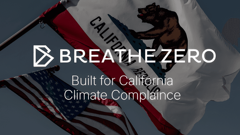 "Breathe Zero logo with California and U.S. flags, representing AI-driven climate intelligence for regulatory compliance and Net Zero goals."