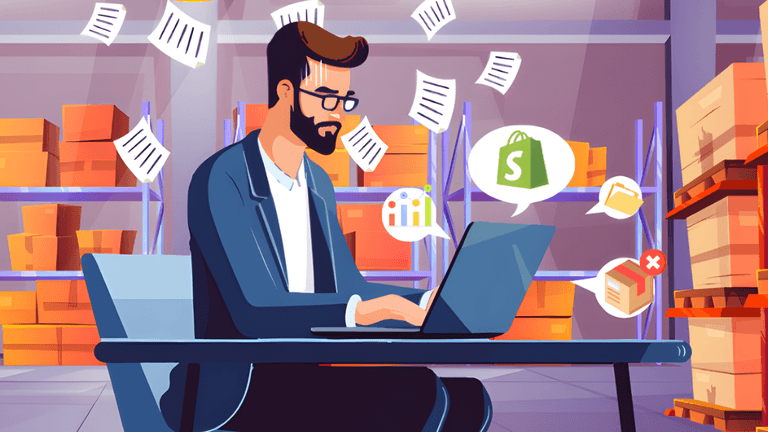 "Businessman working on laptop in a warehouse, managing data entry tasks with efficiency in an eCommerce environment."
