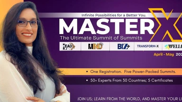 Prithee Ajodah, emotional healing expert, stands smiling in front of a colorful background promoting the MasterX summit event.