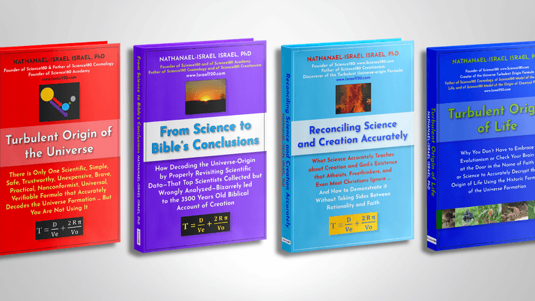 Dr. Nathanael-Israel Israel, founder of Science180, showcasing his groundbreaking books that reconcile science and faith.