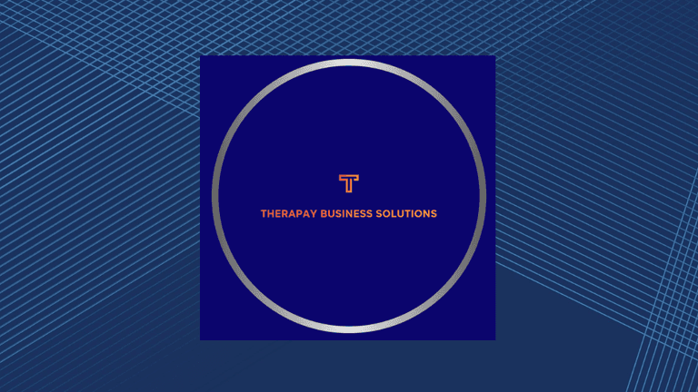 "Therapay Business Solutions logo with a circular design and modern blue geometric background."