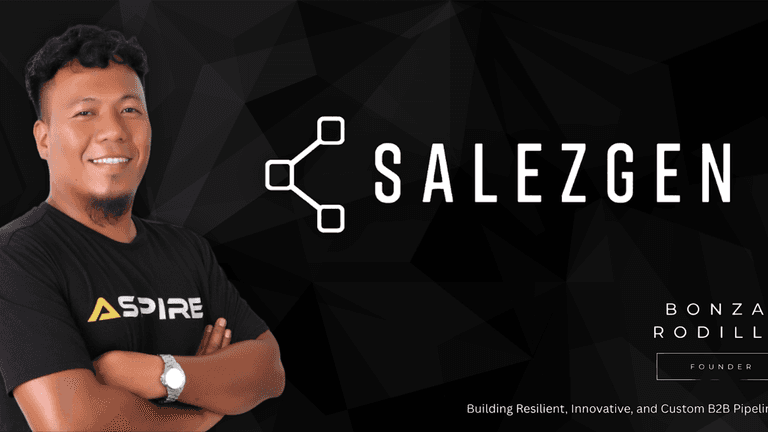 Portrait of Bonzar Rodillo, the founder of Salezgen, smiling with arms crossed, wearing a black ASPIRE t-shirt, against a sleek, dark background featuring the Salezgen logo and tagline 'Building Resilient, Innovative, and Custom B2B Pipelines.