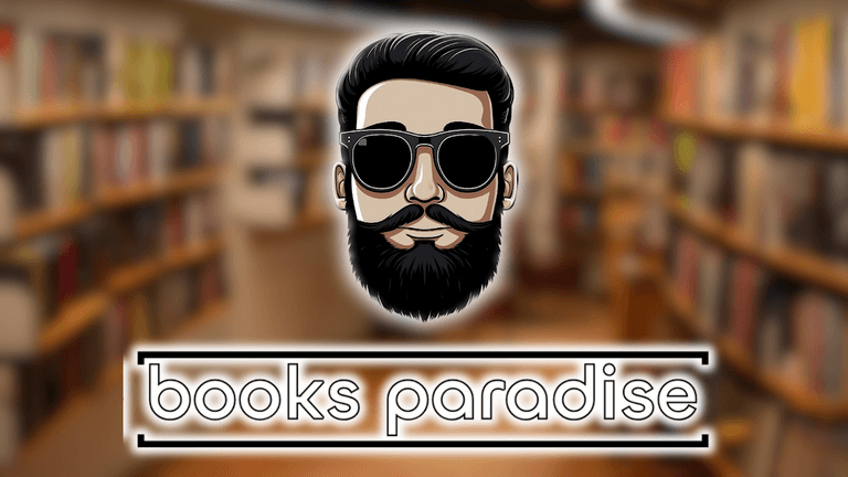 "Logo of Books Paradise featuring an animated character with a beard and sunglasses, set against a blurred background of a bookstore, symbolizing a cool and modern space for book lovers."