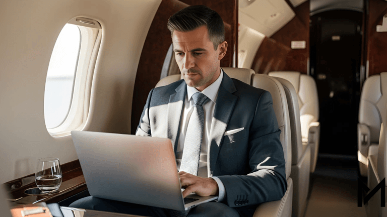 Executive working on laptop aboard private jet, representing MARQUIS EXEC ONE business travel service.