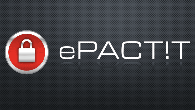 ePACT!T logo featuring a silver and red circular padlock icon next to the brand name 'ePACT!T' in white futuristic font on a dark textured background, representing digital security and modern e-signature technology.