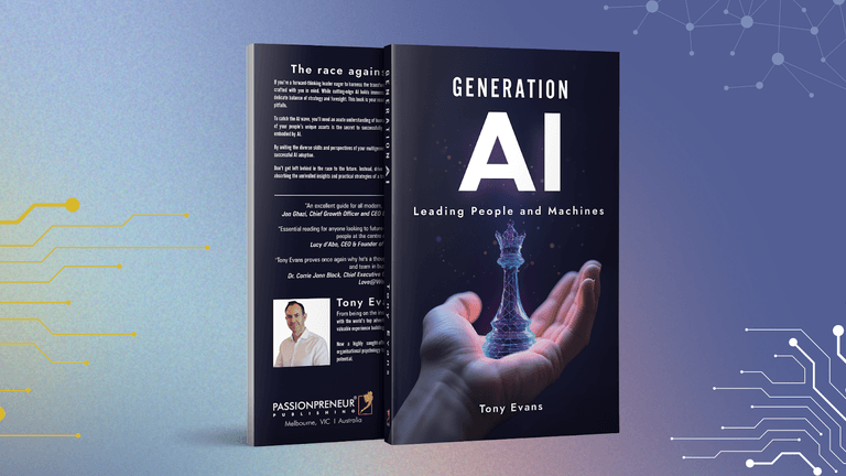 ChatGPT said: Book cover of Generation AI by Tony Evans, showcasing leadership in an AI-driven world with digital elements.
