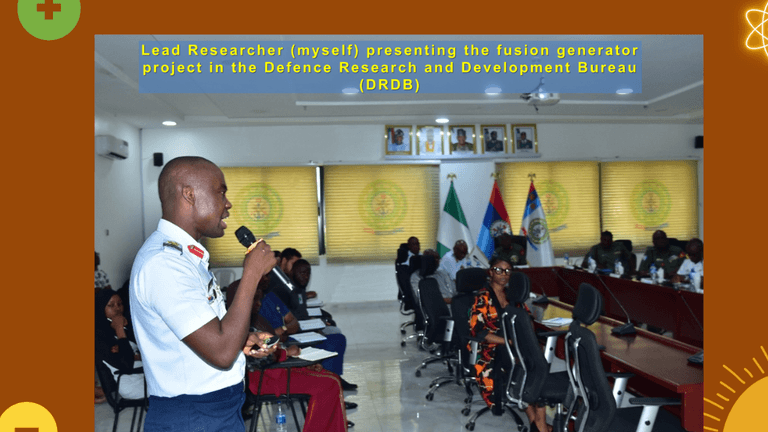 Nigerian military lead researcher Henry Iheanacho Eze presents nuclear fusion generator project at the Defence Research and Development Bureau (DRDB), showcasing Project PHAREZ’s clean energy innovation for Sub-Saharan Africa