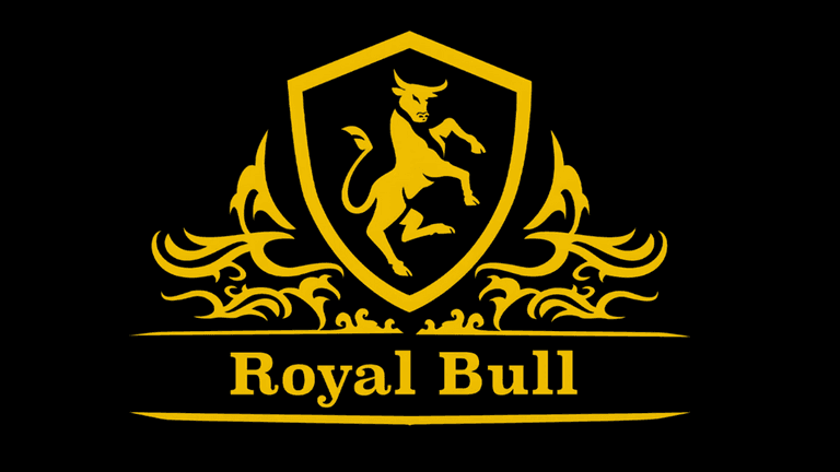 Royal Bull logo featuring a golden shield with an image of a rearing bull in the center, ornate flourishes surrounding the shield, and the text 'Royal Bull' in bold, golden letters beneath.