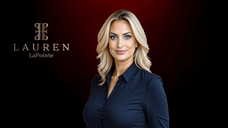 Professional portrait of Lauren LaPointe in dark attire, with her name and logo on a black-to-red gradient background.