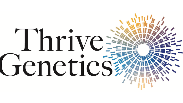 Thrive Genetics logo with company name and colorful radial DNA-inspired design.