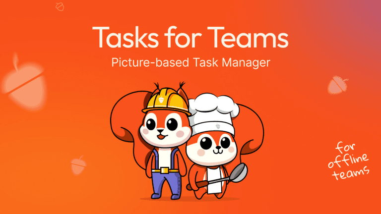 Two cartoon squirrels in worker outfits promoting Tasa.app, a picture-based task manager for multilingual offline teams.