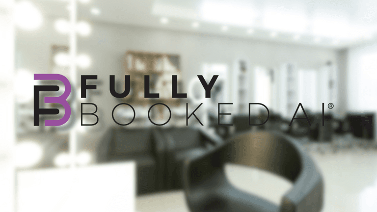 Logo of Fully Booked AI® over a blurred modern salon background, representing AI-powered automation for beauty businesses.
