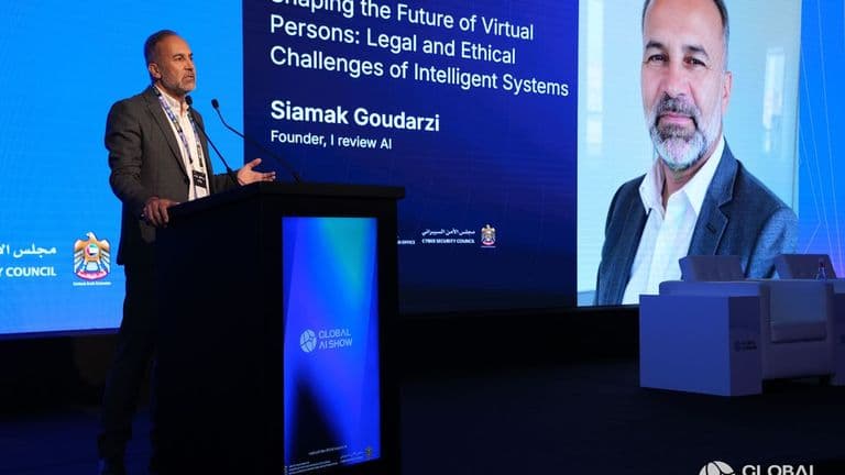 Dr. Siamak Goudarzi presenting on AI ethics, law, and the future of virtual personhood at Global AI Show.