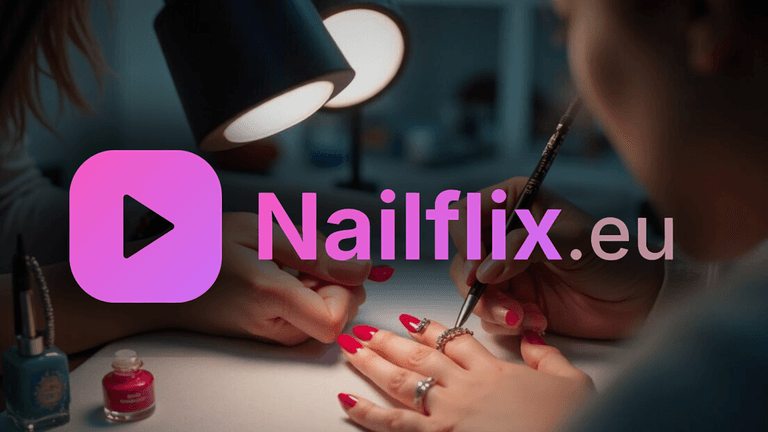 Nailflix logo in pink, with a background image of a manicure session being done under a lamp, showcasing nails being painted and a bottle of nail polish.