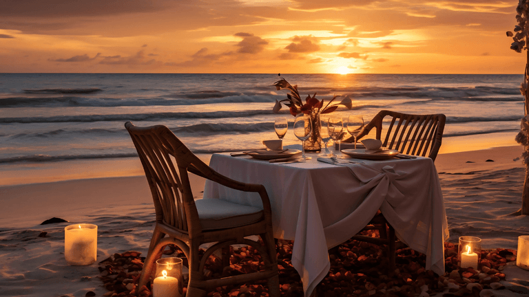 Romantic beach dinner setting at sunset, with a beautifully set table, candles, and a scenic ocean backdrop for a memorable dining experience.