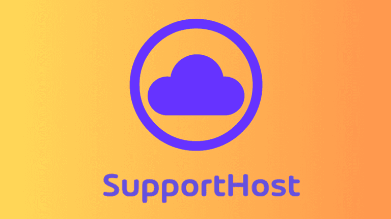 Purple cloud logo with “SupportHost” text on orange gradient background.