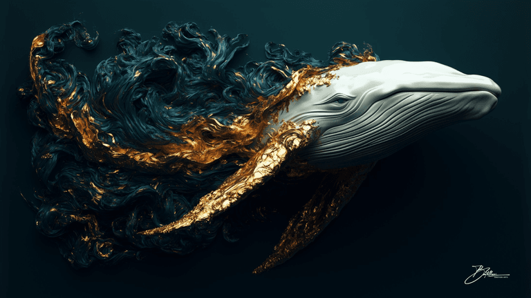 Surreal 3D artwork of a whale swimming through flowing golden and blue waves, representing freedom and grace, with a smooth, glossy finish on the whale's body.