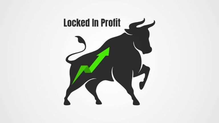 Image of a bull with a green upward arrow, symbolizing stock market growth and profit, with 'Locked In Profit' text.