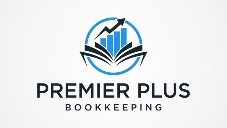 Premier Plus Bookkeeping logo with blue and black elements, symbolizing financial growth and expert bookkeeping services for businesses.