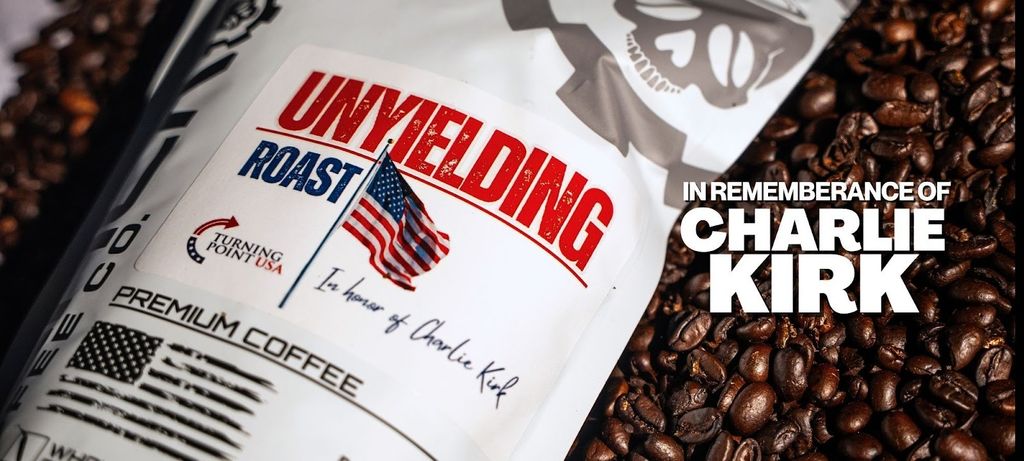 The image features a close-up of Blackout Coffee's "Unyielding Roast" packaging, honoring Charlie Kirk and supporting campus free speech.