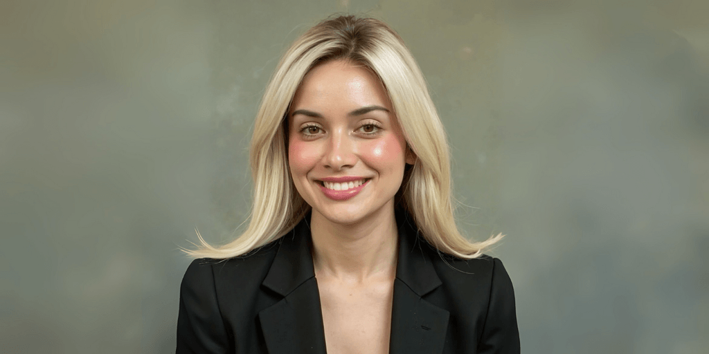 A professional woman with blonde hair in a black blazer, smiling confidently in front of a neutral background.