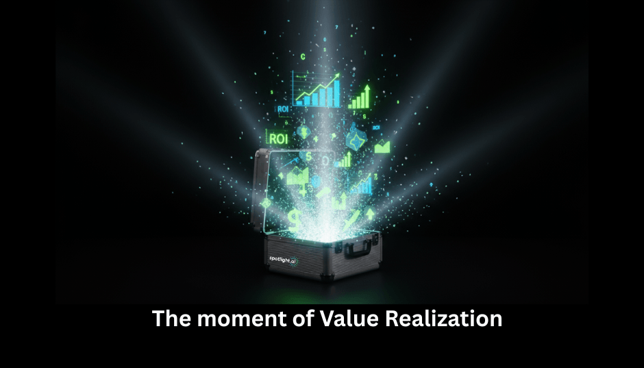 An open suitcase releasing glowing data symbols, representing the moment of value realization and the power of BVA.