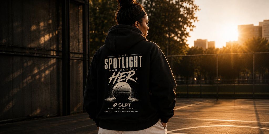 Wide view of person in SLPT hoodie on basketball court at sunset, promoting support for women's sports.