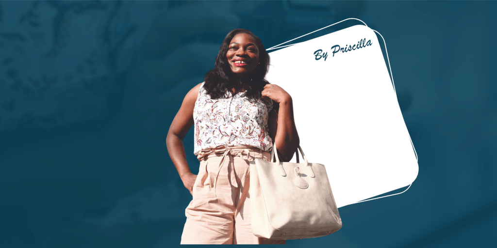 Smiling woman with beige tote bag, representing Priscilla’s financial freedom and debt payoff journey from au pair to lawyer.