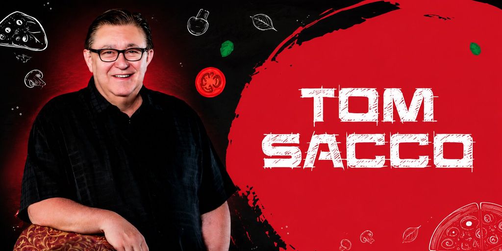 Tom Sacco pictured beside his name against a red and black Happy Joe’s themed background.