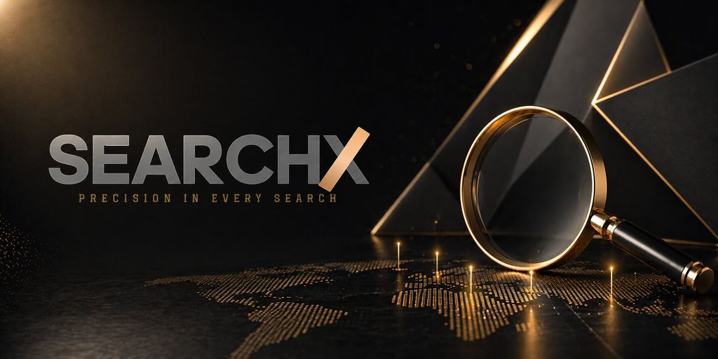 A sleek black and gold image with the text "SEARCHX, Precision in Every Search" alongside a magnifying glass over a stylized world map, conveying innovation.