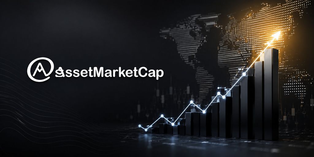 AssetMarketCap logo beside rising financial bar chart and global market growth visualization.