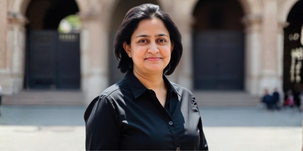 A woman in a black shirt stands confidently in front of a modern building, symbolizing leadership and innovation in performance.
