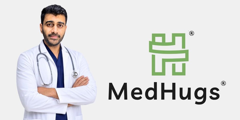 Physician founder standing beside the MedHugs logo, representing oral thin film supplement innovation.