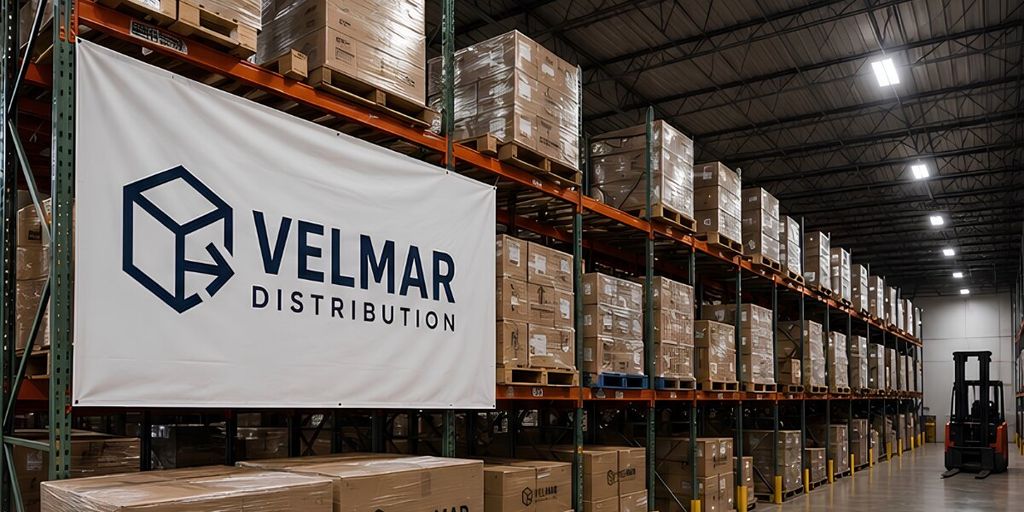 Velmar Distribution warehouse with pallet racks, boxed inventory, branded banner, and forklift aisle.