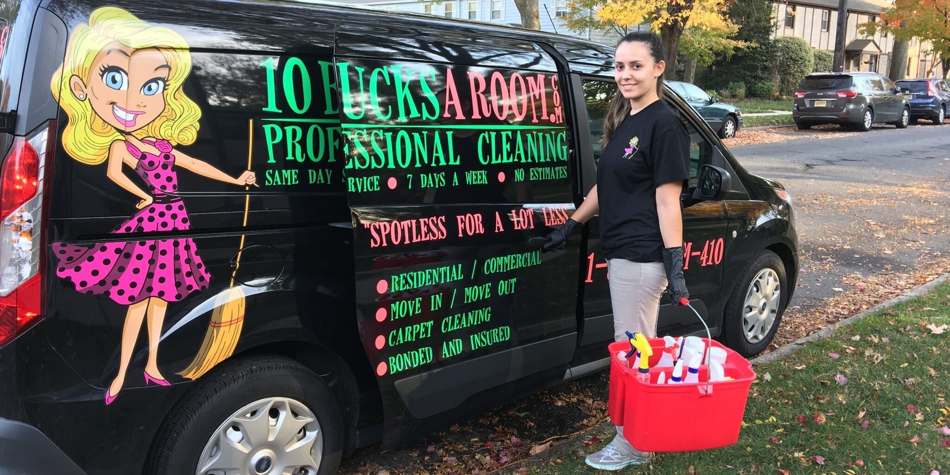 Cleaning professional holding supply caddy beside branded 10 Bucks A Room service van in residential neighborhood.