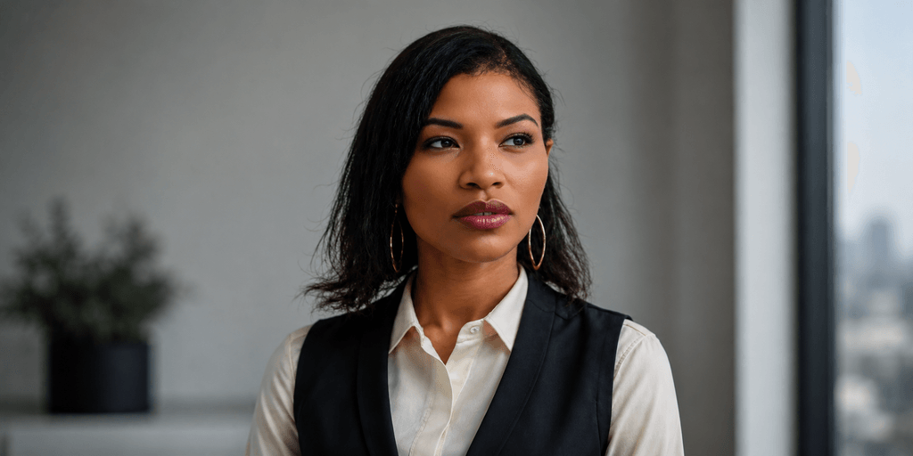 Professional woman in business attire looking confidently out office window.
