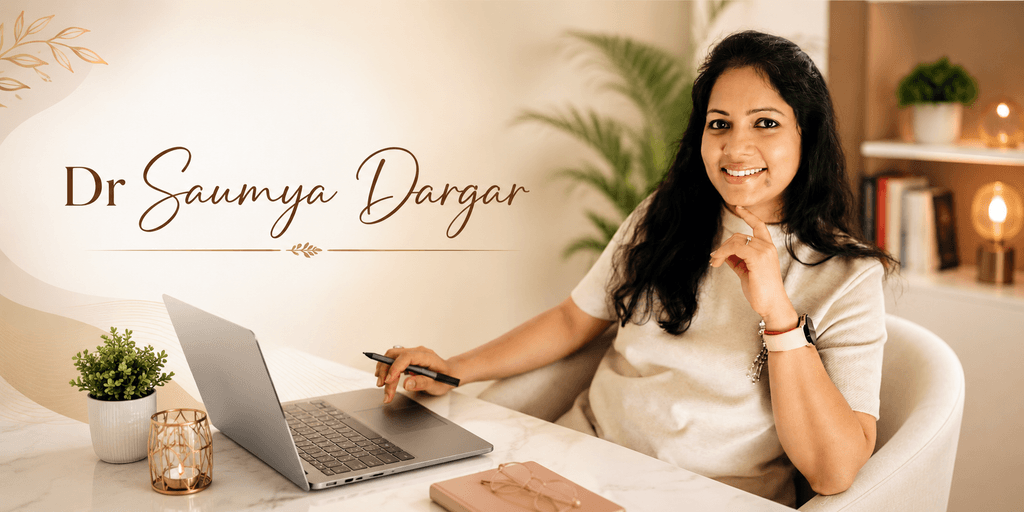 Dr. Saumya Dargar smiling at a desk with laptop in a warm office, professional personal branding portrait.