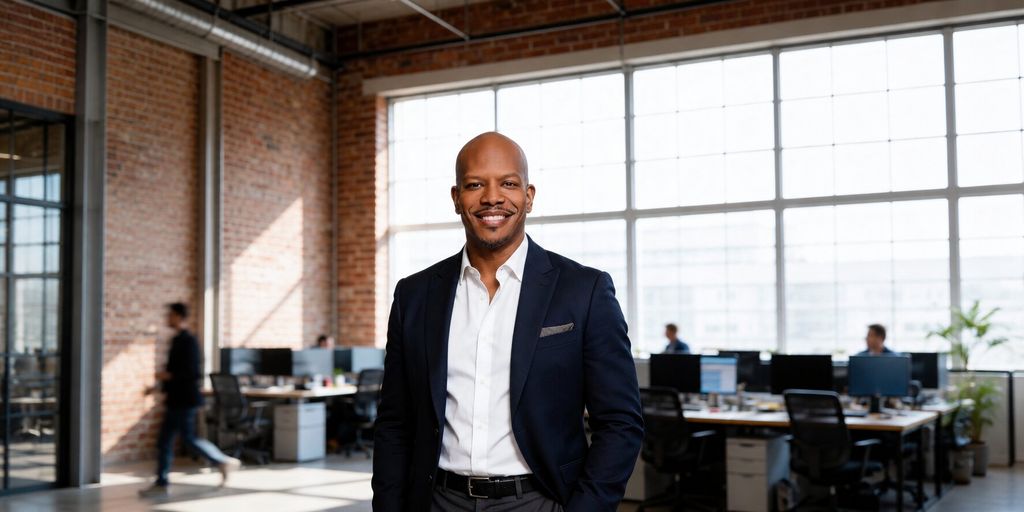 JW Radford standing in a modern office wearing a navy suit.