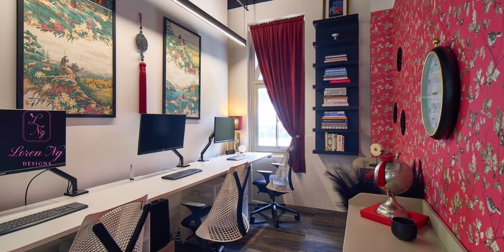 a stylish, modern workspace designed by Loren Ng Designs, featuring minimalist furniture, art, and thoughtful decor.