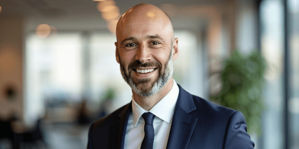 Smiling business professional in a suit representing Cochran Capital’s founder, promoting sustainable real estate investment.