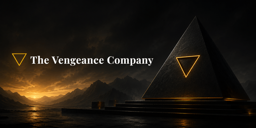 Dark pyramid with glowing inverted triangle overlooking mountains at sunset beside The Vengeance Company logo.