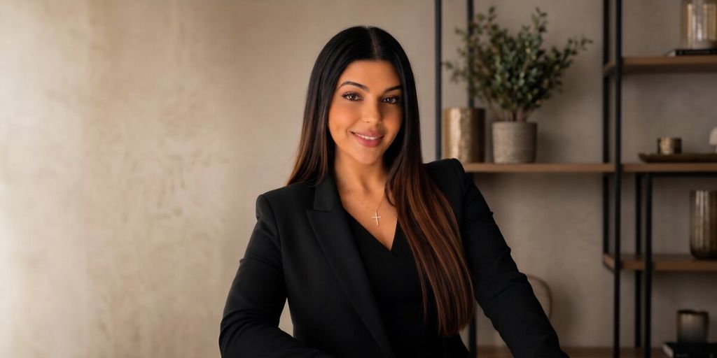 Rana Rofail Chahine posing in a black blazer in a modern office setting.