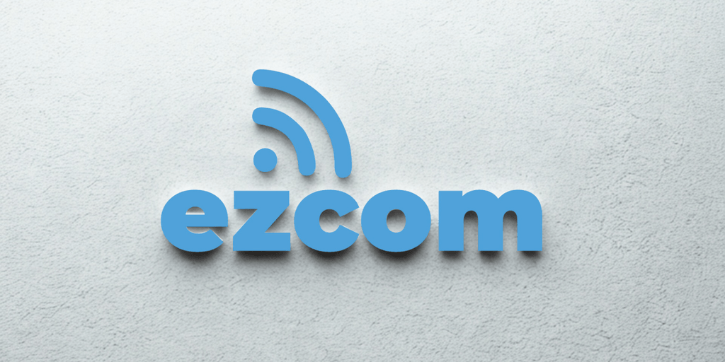Blue “ezcom” logo with wireless signal icon on light textured background.