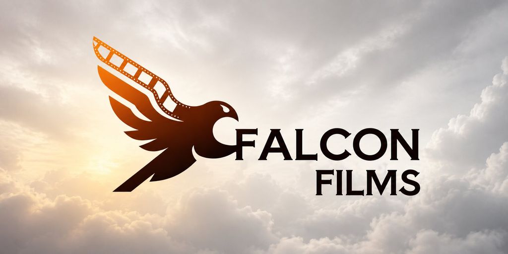 Falcon Films Production logo with stylized falcon and filmstrip wing against a cloudy sky background.