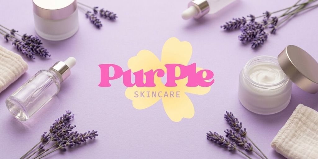 Purple beauty products arranged on a matching purple background, showcasing a range of vegan skincare items from Purple Skincare.